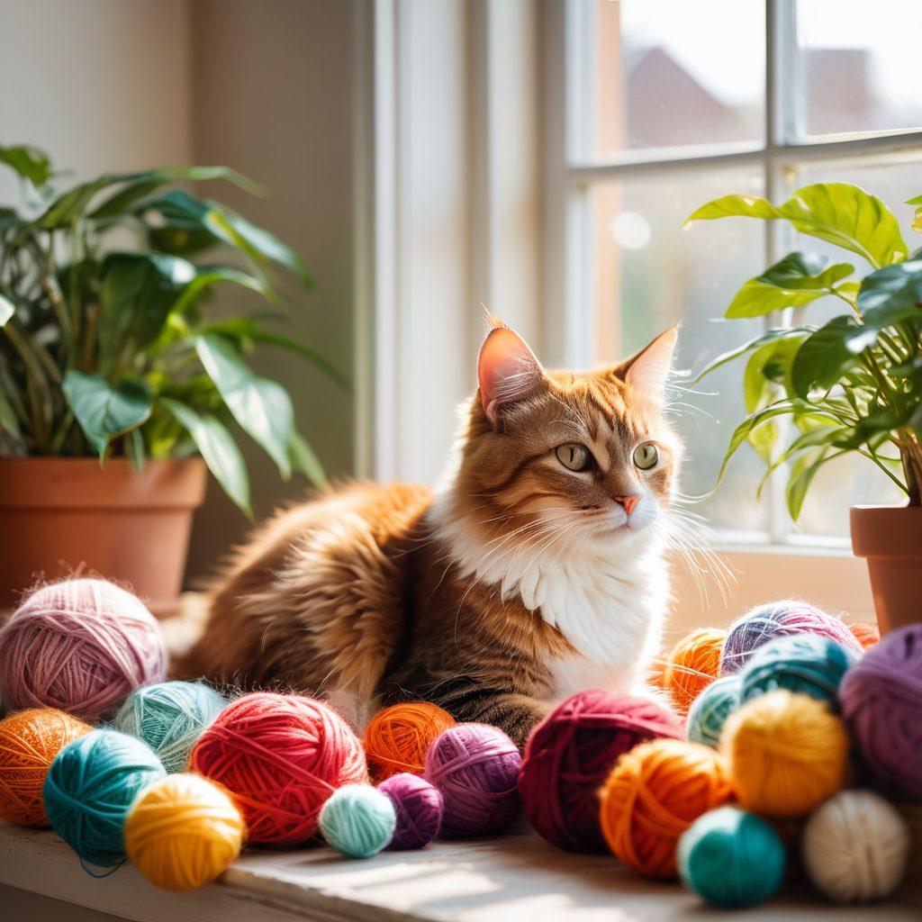 A cozy living room scene featuring a content cat lounging on a sunny windowsill surrounded by potted plants and books. Bright rays of sunlight illuminate the soft fur of the cat, embodying warmth and serenity. A playful kitten peeks out from a pile of colorful yarn balls, adding a touch of exuberance to the setting. Emphasize the connection between the cat and owner with a warm atmosphere and gentle details. soft-focus photography. warm tones. natural light.