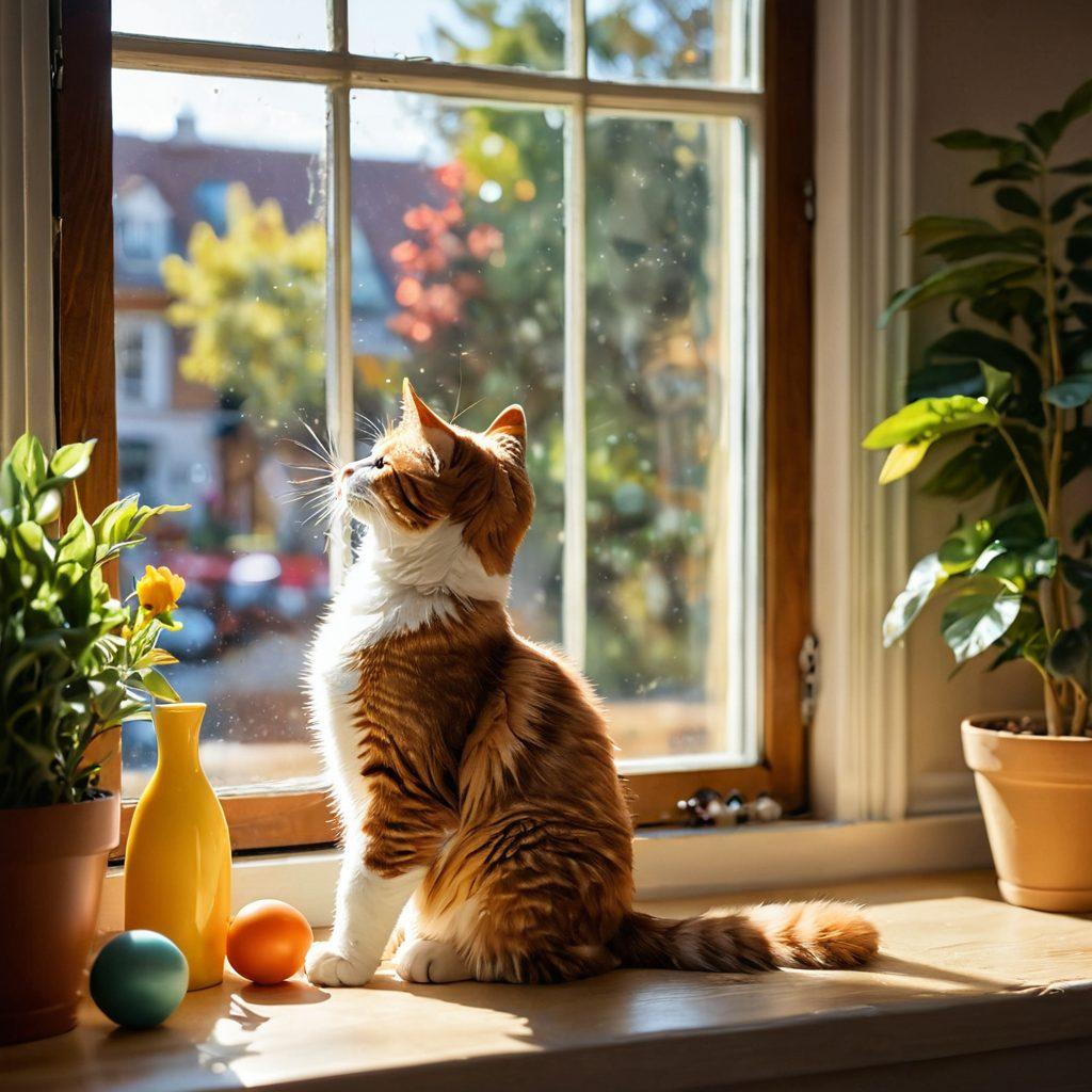 A joyful cat playfully interacting with a person, showcasing the bond of companionship. The scene is bright and colorful, highlighting the warmth of shared moments through soft sunlight filtering in from a window. Include playful elements like toys and a cozy setting to emphasize relaxation and happiness. super-realistic. vibrant colors. warm tones.