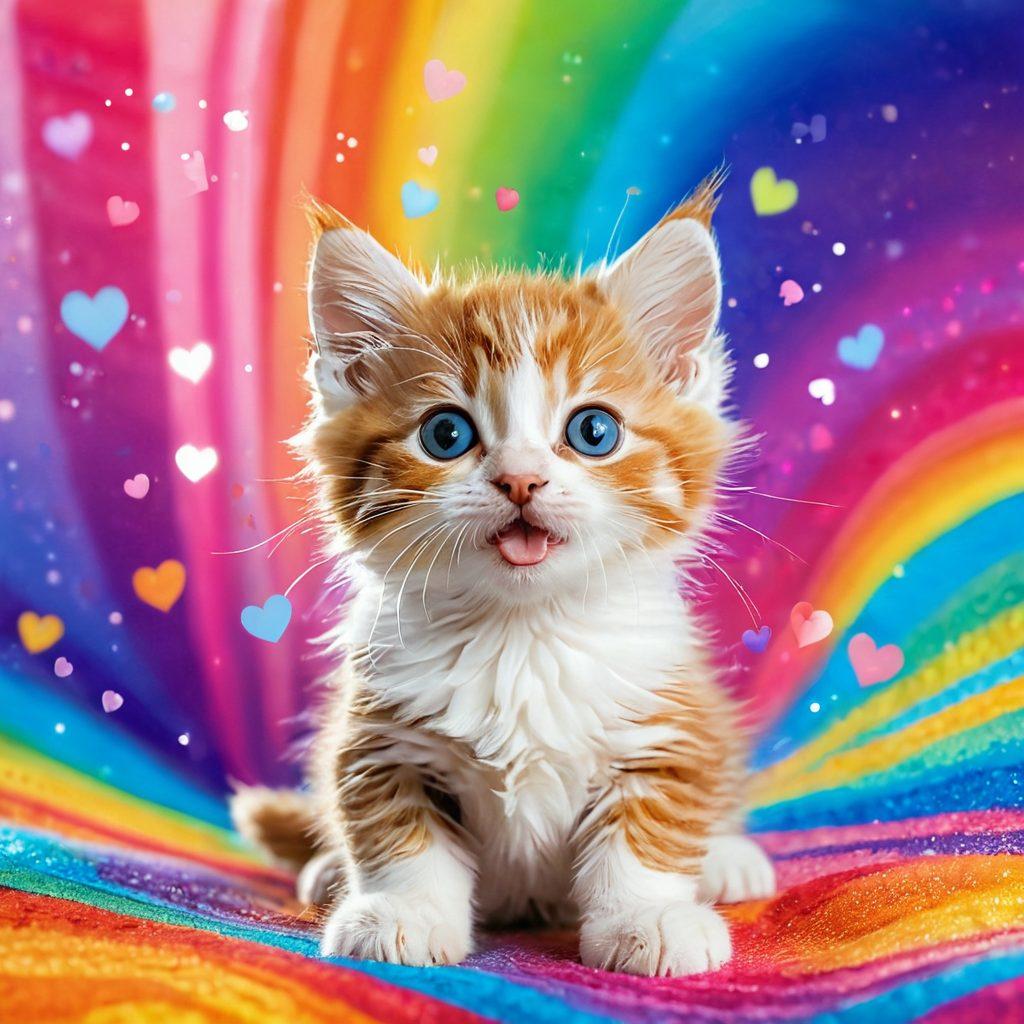A playful kitten surrounded by colorful, swirling patterns of light, exuding a cheerful and uplifting energy. The scene captures the kitten in a joyful pose, with its fur radiating vibrant colors that symbolize positivity and happiness. Add whimsical elements like floating hearts and sparkles to enhance the meow-sitive vibes. The background should be soft and dreamy, creating an inviting atmosphere. super-realistic. vibrant colors. dreamy background.